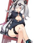  1girl :d animal_ears arknights bare_shoulders black_dress black_hair boots breasts chair china_dress chinese_clothes cleavage cleavage_cutout crossed_legs dress eyewear_on_head fang feater_(arknights) grey_hair hair_over_one_eye jacket leg_belt long_hair looking_at_viewer medium_breasts multicolored_hair off_shoulder open_clothes open_jacket open_mouth panda_ears pink_eyes raglan_sleeves round_eyewear side_slit simple_background sitting sleeveless sleeveless_dress smile solo sunglasses thighs twintails two-tone_hair white_background white_jacket yura_(botyurara) 