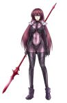  bodysuit breasts covered_navel covered_nipples fate/grand_order fate_(series) gae_bolg highres large_breasts leotard long_hair pauldrons polearm purple_bodysuit purple_hair purple_leotard red_eyes scathach_(fate)_(all) scathach_(fate/grand_order) shoulder_armor spear tasuro_kuzuha weapon 