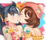  2girls bangs bare_shoulders black_hair blue_eyes breasts brown_hair bug butterfly collarbone commentary_request dress eyebrows_visible_through_hair flower heart highres insect kiss large_breasts long_hair mary_(pokemon) multiple_girls open_mouth orange_flower pikachu pink_ribbon pokemon pokemon_(game) pokemon_swsh ribbon short_hair tatori yellow_dress yuri yuuri_(pokemon) 