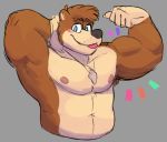  2020 banjo-kazooie banjo_(banjo-kazooie) biceps big_biceps big_muscles black_nose blue_eyes blush brown_body brown_fur clothed clothing countershading eyebrows flexing fur grey_background half-length_portrait hand_behind_head jewelry looking_at_viewer male mammal monochromepup muscular necklace pecs portrait raised_eyebrows rareware simple_background sketch smile solo tongue tongue_out topless ursid video_games 