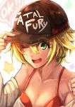  1girl alice_garnet_nakata bare_shoulders baseball_cap blonde_hair breasts cleavage collarbone commentary_request green_eyes hat looking_at_viewer mark_of_the_wolves medium_breasts open_mouth ruichi short_hair simple_background smile solo star the_king_of_fighters the_king_of_fighters_xiv 