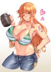  beer_mug bikini_top blush breasts covered_nipples cropped_legs denim earrings eyebrows_visible_through_hair hand_on_hip hatoba_akane heart highres holding_drink huge_breasts jewelry log_pose long_hair midriff nami_(one_piece) navel one_eye_closed one_piece shoulder_tattoo simple_background smile solo tattoo tongue tongue_out white_background 