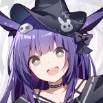  1girl :d animal_ears arknights black_bow black_eyes black_headwear bow bunny_ears choker hair_bow hair_ornament hat kurisu_tina long_hair looking_at_viewer open_mouth portrait purple_hair rope_(arknights) skull_hair_ornament smile solo witch_hat zoom_layer 