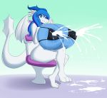  2019 alabaster_(lutnut215) anthro aquatic_dragon big_breasts bikini blue_hair bodily_fluids breasts clothing digital_media_(artwork) dragon excessive_lactation female hair hi_res huge_breasts hyper hyper_breasts jcdr lactating lactating_through_clothing looking_at_viewer marine membrane_(anatomy) membranous_wings non-mammal_breasts projectile_lactation scalie smile solo swimwear western_dragon wet wet_clothing wings 