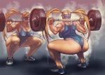  1girl ass back blonde_hair blue_eyes breasts butcherboy cleavage covered_navel covered_nipples highres long_hair mask mirror muscle muscular_female rainbow_mika reflection solo squatting street_fighter street_fighter_v sweat twintails very_long_hair weightlifting 