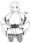  1girl bare_shoulders breasts cleavage collarbone cropped_legs facial_mark forehead_mark hands_on_hips huge_breasts mature medium_hair naruto naruto_(series) off-shoulder_jacket sash solo standing tsukudani_(coke-buta) tsunade 