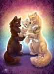  2019 ambiguous_gender blue_eyes brown_body brown_fur canid canine canis cheek_tuft cub dolphydolphiana eyes_closed facial_tuft feral fluffy fluffy_tail fur group head_tuft inner_ear_fluff mammal parent parent_and_child rainbow_background semi-anthro simple_background smile tan_body tan_fur tuft white_body white_fur wolf young 