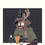  1:1 2019 alcohol antlers arm_support beverage bodily_fluids brown_body brown_fur cervid cheek_tuft chest_tuft clothed clothing comic cup facial_tuft fur head_tuft hi_res hoodie horn leaning_on_elbow mammal osmoru solo sweat sweatdrop topwear tuft 