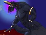  2020 4:3 abs anthro anubian_jackal anubis balls biceps big_balls big_penis black_body black_penis black_tip braced_on_hands butt canid canine canis claws deity digital_media_(artwork) egyptian egyptian_mythology erection fenrir_osbone genitals glowing glowing_eyes hair hi_res hieroglyphics huge_penis humanoid_penis invalid_color jackal long_hair long_penis looking_at_viewer male mammal markings middle_eastern_mythology monologe muscular mythology nipple_piercing nipples nude paws pecs penis piercing simple_background solo tailless thick_penis uncut vein veiny_penis 