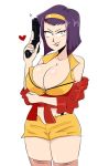  1girl bare_shoulders breasts cowboy_bebop faye_valentine highres holding holding_weapon jinu_(jinusenpai) large_breasts leggings looking_at_viewer purple_hair simple_background thighs weapon 