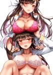  2girls absurdres atago_(azur_lane) azur_lane bangs black_hair black_legwear blush bra breast_rest breasts breasts_on_head choker cleavage collarbone denchu_(kazudentyu) garter_belt garter_straps hair_ears hair_flaps highres jacket large_breasts long_hair long_sleeves looking_at_viewer looking_to_the_side military_jacket multiple_girls navel open_clothes open_jacket open_mouth panties pink_bra pink_panties ponytail simple_background smile swept_bangs takao_(azur_lane) thighhighs underwear white_background white_bra white_jacket yellow_eyes 