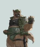  2020 absurd_res anthro belly black_nose brown_body brown_fur bulge canid canine canis clothing domestic_dog fur hat headgear headwear hi_res humanoid_hands kemono male mammal overweight overweight_male scar shirt simple_background solo sumo tokyo_afterschool_summoners topwear video_games warr yasuyori 