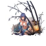  1girl alternate_costume bamboo bangs black_legwear blue_eyes blue_hair breasts closed_mouth damaged dp-12_(girls_frontline) drone full_body gauge girls_frontline grass gun hair_between_eyes lantern large_breasts long_hair looking_at_viewer official_art pandea_work shotgun sidelocks sitting smile solo thighhighs torn_clothes torn_legwear transparent_background weapon 