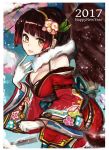  1girl 2017 bangs blue_sky blunt_bangs blush border breasts brown_hair character_request cherry_blossoms cleavage clenched_hand copyright_request cowboy_shot day english_text flower fur_trim gloves gradient_hair hair_flower hair_ornament hairband hand_up happy_new_year highres japanese_clothes kashu_(hizake) kimono large_breasts leaf light_blush long_sleeves looking_at_viewer multicolored_hair new_year number obi open_mouth orange_eyes outdoors red_hair red_kimono sash shiny shiny_hair short_hair side_slit sky smile snowing solo standing teeth thighhighs tree white_border white_flower white_gloves wide_sleeves yellow_hairband 