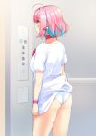  1girl aqua_hair arms_at_sides ass bangs blurry blurry_background blush breasts choker closed_mouth elevator eyebrows_visible_through_hair from_behind highres idolmaster idolmaster_cinderella_girls indoors juke light_frown multicolored_hair no_pants panties pill_earrings pink_choker pink_eyes pink_hair profile shirt short_hair short_sleeves sidelocks solo standing t-shirt thighs two-tone_hair underwear white_shirt wristband yumemi_riamu 