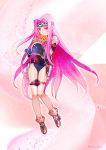  1girl artist_name blush bodysuit boots fate/grand_order fate_(series) flower forehead_protector gauntlets head_wreath holding long_hair medusa_(lancer)_(fate) pink_background purple_eyes purple_hair rider shoulder_pads smile square_pupils taa_(acid) thighhighs very_long_hair 