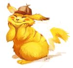  ^_^ brown_headwear calonarang closed_eyes commentary_request creature detective_pikachu detective_pikachu_(character) detective_pikachu_(movie) english_commentary full_body happy no_humans pikachu pokemon pokemon_(creature) signature smile solo standing traditional_media yellow_theme 