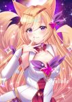 1girl ahri animal_ears blonde_hair breasts cleavage felielle fox_ears fox_tail large_breasts league_of_legends long_hair looking_at_viewer magical_girl multiple_tails purple_eyes sky star_(sky) star_guardian_(league_of_legends) star_guardian_ahri starry_sky tagme tail 