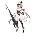  1girl ankle_boots bangs black_footwear black_legwear black_ribbon blush boots breasts bullet cleavage closed_mouth collarbone dress dropping eyebrows_visible_through_hair full_body fur-trimmed_boots fur-trimmed_dress fur_collar fur_hat fur_trim girls_frontline gloves gun hair_ribbon hat hat_feather high_heel_boots high_heels holding holding_gun holding_weapon kord_(girls_frontline) kord_6p50 large_breasts logo long_hair long_sleeves looking_at_viewer low_ponytail machine_gun military military_uniform multiple_straps off-shoulder_dress off_shoulder official_art orange_gloves pantyhose pouch red_eyes ribbon shi-chen sidelocks smile solo standing transparent_background underbust uniform very_long_hair watermark weapon white_dress 
