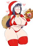  1boy 1girl bare_shoulders blush breasts curvy embarrassed hat highres hyuuga_hinata jinu_(jinusenpai) large_breasts long_hair looking_away naruto_(series) purple_hair santa_costume santa_hat thick_thighs thighs thong uzumaki_naruto 