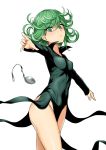  1girl bent_spoon black_dress breasts cowboy_shot curly_hair dress flipped_hair floating green_eyes green_hair haruhisky highres levitation one-punch_man side_slit simple_background small_breasts solo spoon spoon_bending standing tatsumaki telekinesis white_background 