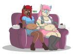  anthro breasts cleavage clothed clothing domestic_cat duo felid feline felis female fully_clothed furniture hyaenid lordstormcaller mammal plate simple_background sofa white_background 
