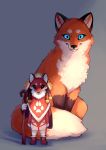  2019 absurd_res ambiguous_gender black_nose blue_eyes canid canine clothed clothing color_fox dipstick_tail duo footwear fox fully_clothed fur hi_res looking_at_viewer mammal multicolored_tail orange_body orange_fur size_difference soul_devouring_eyes two_tone_tail 