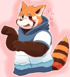  2016 ailurid anthro blush clothed clothing hoodie humanoid_hands japanese_text kemono male mammal red_panda silicon_chub simple_background solo text topwear 