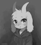  2019 ambiguous_gender asriel_dreemurr blush bovid clothing fur half-length_portrait hi_res hoodie mammal miri monochrome portrait smile solo topwear undertale video_games white_body white_fur 