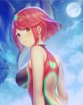  1girl anbe_yoshirou ass back_cutout bangs bare_arms bare_shoulders breasts competition_swimsuit earrings emerald_float eyebrows_visible_through_hair fence full_moon gem highres homura_(xenoblade_2) jewelry large_breasts looking_at_viewer looking_back moon multicolored multicolored_clothes multicolored_swimsuit one-piece_swimsuit outdoors parted_lips red_eyes red_hair short_hair sitting smile solo swept_bangs swimsuit thighs tiara tree upper_body xenoblade_(series) xenoblade_2 