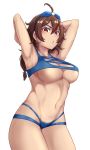  1girl absurdres ahoge armpits arms_up breasts brown_hair commentary_request goggles goggles_on_head hair_between_eyes highres kouya_no_kotobuki_hikoutai long_hair midriff multicolored_hair navel red_eyes red_hair renji_(kouya_no_kotobuki_hikoutai) ringer3727 simple_background solo standing streaked_hair underboob white_background 