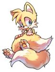  2019 2_tails absurd_res ambiguous_gender anthro black_nose blue_eyes blush canid canine cute_fangs fox hi_res mammal miles_prower miri multi_tail open_mouth pawpads simple_background smile solo sonic_the_hedgehog_(series) white_background 