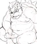  2020 anthro balls black_and_white bowser digital_media_(artwork) erection foreskin genitals glacierclear glans hair horn humanoid_penis koopa loose_foreskin male mario_bros masturbation monochrome musclegut muscular muscular_male nintendo nipples nude open_mouth penis scalie simple_background sketch solo spikes uncut vein veiny_penis video_games 