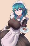  1girl blue_eyes blue_hair byleth_(fire_emblem) byleth_(fire_emblem)_(female) closed_mouth cup fire_emblem fire_emblem:_three_houses highres holding long_sleeves maid maid_headdress medium_hair plate simple_background smile solo spiffydc teacup twitter_username 