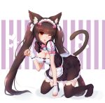  1girl ;p absurdres animal_ear_fluff animal_ears apron bangs bell black_dress black_legwear bow breasts brown_eyes brown_hair cat_ears cat_girl cat_tail chocola_(sayori) cleavage closed_mouth commentary_request dress eyebrows_visible_through_hair frilled_apron frilled_dress frills full_body habu_rin hand_up heart highres jingle_bell looking_at_viewer medium_breasts nekopara no_shoes one_eye_closed paw_pose pink_bow puffy_short_sleeves puffy_sleeves short_sleeves smile solo striped striped_background tail tail_raised thighhighs tongue tongue_out twintails vertical-striped_background vertical_stripes waist_apron white_apron wrist_cuffs 
