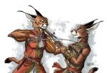  0laffson 2020 5_fingers anthro blue_eyes breasts brown_body brown_fur caracal caracal_(genus) clothed clothing duo felid feline female fingers fur holding_gun holding_object holding_sword holding_weapon lynx mammal melee_weapon sword traditional_media_(artwork) weapon 