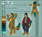  anthro brittany_spaniel brown_body brown_fur canid canine canis clothing domestic_dog eonshinato flannel fur green_body green_fur long_ears long_fur long_tail mammal model_sheet nude pawpads paws pink_pawpads spots text ufiara_(character) 