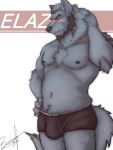  3:4 anthro basch beard biceps biped black_clothing black_nose black_underwear blush boxer_briefs boxers_(clothing) bulge canid canine canis clothed clothing digital_media_(artwork) elaz english_text eyes_closed facial_hair fingers fur hair hand_behind_head hi_res male mammal muscular muscular_male navel nipples pecs pinup pose signature simple_background solo text topless tuft underwear wolf 