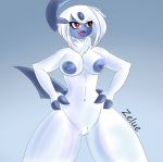  3_fingers absol anthro anthrofied breasts eyelashes female fingers fur genitals nintendo nipples pok&eacute;mon pok&eacute;mon_(species) pussy simple_background solo video_games white_boddy white_body white_fur zelue 