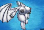  anthro anthrofied araidian_(artist) big_breasts bodily_fluids breasts dragon dreamworks female genitals hi_res how_to_train_your_dragon huge_breasts humanoid hyper hyper_breasts lactating light_fury looking_at_viewer nipple_piercing nipples nubless nude piercing pussy scalie solo thick_thighs western_dragon wings 