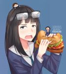  3girls :o ardenlolo artist_name asakusa_midori black_hair blue_background blue_eyes chibi eating eizouken_ni_wa_te_wo_dasu_na! eyewear_on_head food freckles hamburger kanamori_sayaka long_hair long_sleeves looking_at_viewer mizusaki_tsubame multiple_girls school_uniform upper_body watermark 