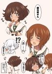  akiyama_yukari bangs blouse blush brown_eyes brown_hair feeding food girls_und_panzer hadzuki_haru highres long_hair long_sleeves messy_hair multiple_girls neckerchief nishizumi_miho ooarai_school_uniform open_mouth pleated_skirt school_uniform serafuku short_hair skewer skirt tanghulu translation_request white_blouse 