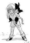 1boy 1girl backlighting bangs bare_legs black_footwear black_hair blunt_bangs boots breasts bulma carrying collarbone commentary_request d: dragon_ball dragon_ball_(classic) eyelashes flower full_body grass greyscale highres legs_apart long_hair looking_at_viewer looking_back medium_breasts monkey_tail monochrome open_mouth piggyback road shaded_face shadow shirt shirt_tucked_in shorts sleeping sleeves_rolled_up smile socks son_gokuu spiked_hair standing straight_hair tail tkgsize u_u white_flower white_shirt 