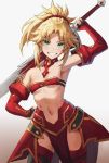  1girl absurdres bandeau bangs bare_shoulders blonde_hair blush braid breasts bridal_gauntlets clarent collarbone detached_sleeves fate/apocrypha fate_(series) french_braid gradient gradient_background green_eyes grin hair_ornament hair_scrunchie hand_on_hip highres long_hair looking_at_viewer mordred_(fate) mordred_(fate)_(all) navel parted_bangs pelvic_curtain ponytail red_scrunchie scrunchie sidelocks small_breasts smile solo sword thighs tonee weapon white_background 