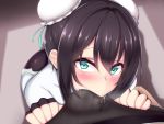  1boy 1girl ass bangs black_gloves black_hair blush bodysuit bun_cover chinese_clothes cum cum_in_clothes cum_through_clothes double_bun ebon eyebrows_visible_through_hair fate_(series) fellatio fingerless_gloves from_above gloves green_eyes heart heart-shaped_pupils highres looking_at_viewer oral pov qin_liangyu_(fate) sidelocks skin_tight squatting symbol-shaped_pupils 
