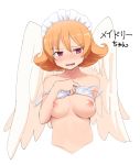  1girl angel_wings areolae blush bra bra_lift breasts character_name cropped_torso eyebrows_visible_through_hair feathered_wings flipped_hair harpy ishuzoku_reviewers large_breasts lifted_by_self looking_at_viewer maid_headdress meidri monster_girl nipples noa_(nagareboshi) nose_blush open_mouth orange_hair puffy_nipples purple_eyes short_hair solo underwear upper_body white_background white_bra white_wings wings 