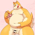 1:1 2016 alternate_version_at_source anthro balls belly blush canid canine censored eyes_closed flaccid food genitals hi_res humanoid_hands kemono male mammal moobs navel overweight overweight_male penis silicon_chub solo tongue tongue_out 