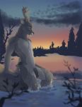  2019 anthro antlers cervid detailed_background digital_media_(artwork) evening forepawz forest fur genitals horn humanoid_penis lake male mammal nude otherwords outside penis sky solo tree twlight water 