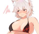  1girl ajia_(otya3039) animal_ears autumn_leaves bikini bikini_top blush breasts cleavage collarbone commentary inubashiri_momiji large_breasts leaf maple_leaf midriff red_eyes short_hair silver_hair simple_background solo squiggle swimsuit touhou white_background wolf_ears 