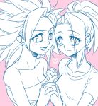  2girls :d bare_arms bare_shoulders blush breasts caulifla cleavage close-up closed_mouth collarbone dragon_ball dragon_ball_super eye_contact eyebrows_visible_through_hair eyelashes eyes_visible_through_hair hands_clasped heart heart_background high_ponytail holding_hands interlocked_fingers kale_(dragon_ball) light_smile looking_at_another medium_breasts monochrome multiple_girls open_mouth own_hands_together pink_background pink_theme ponytail pukapuka_(1577280) shirt short_hair short_sleeves simple_background smile spiked_hair spot_color strapless teeth tubetop upper_body white_theme 